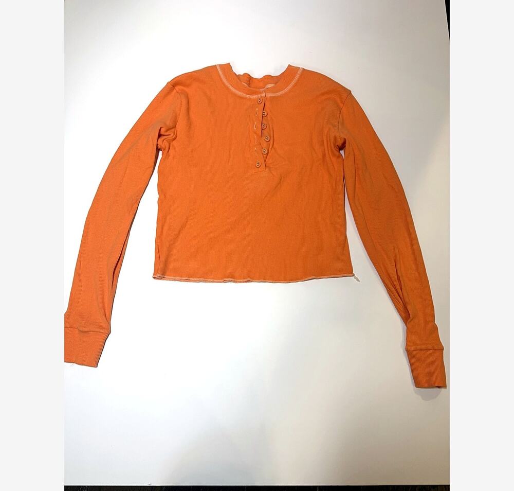 Skims Womens Cotton Rib Long Sleeve Henley Top XL Orange Button